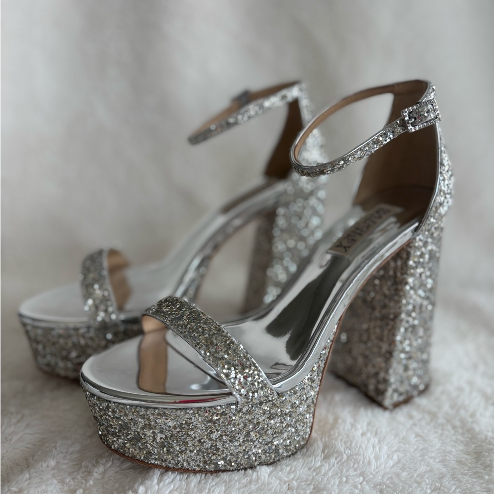 Badgley Mischka Silver Glitter Block Heels